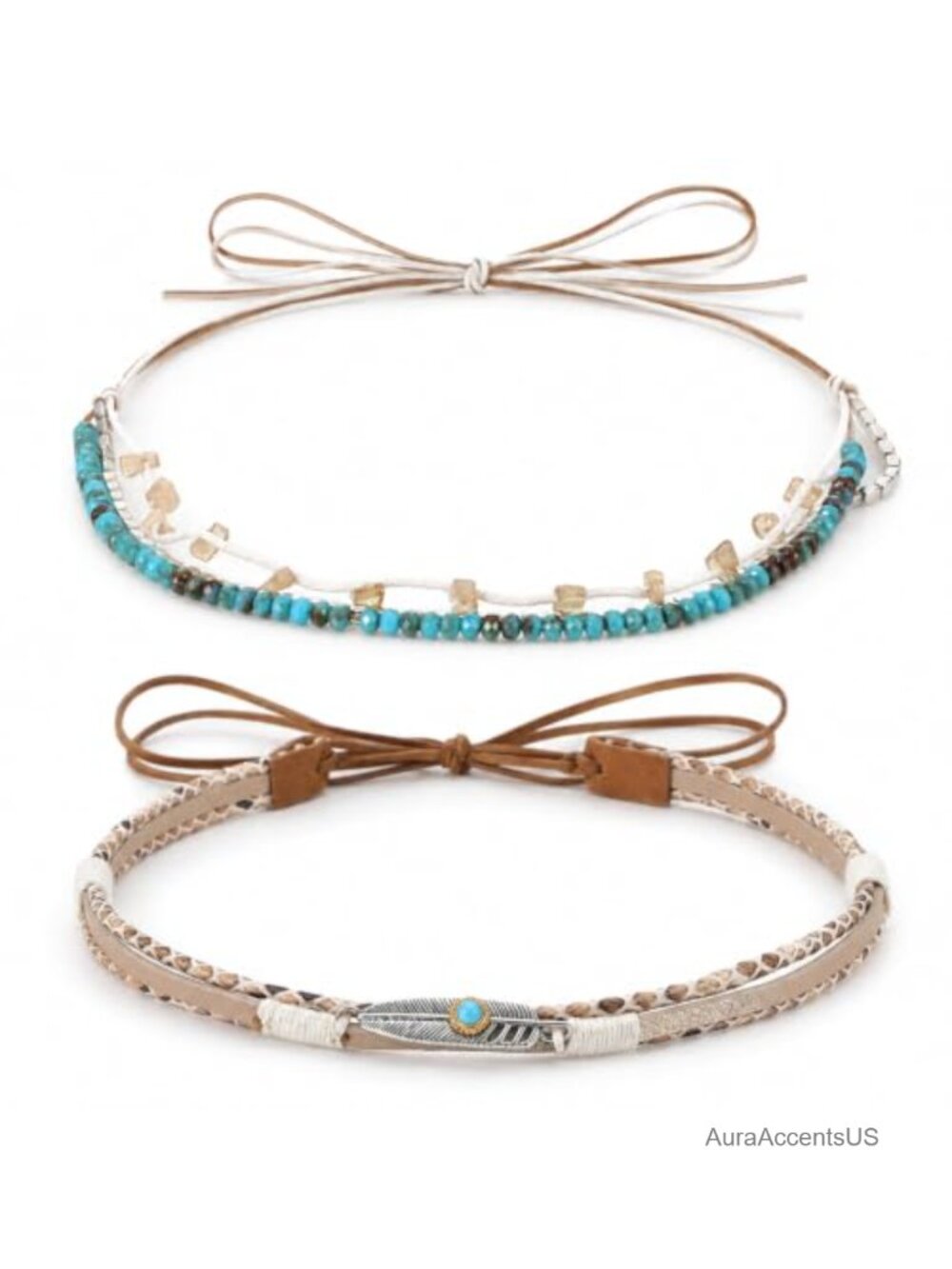 2Pc Cowboy Hat Band Set Turquoise Beaded Boho Western Hat Bands